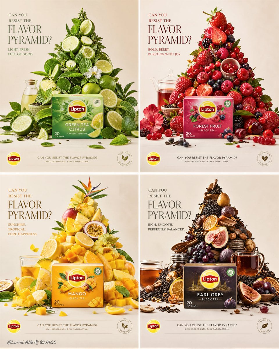 A four-panel Lipton ad board with green, berry, mango, and dark tea fruit pyramids above tea boxes.