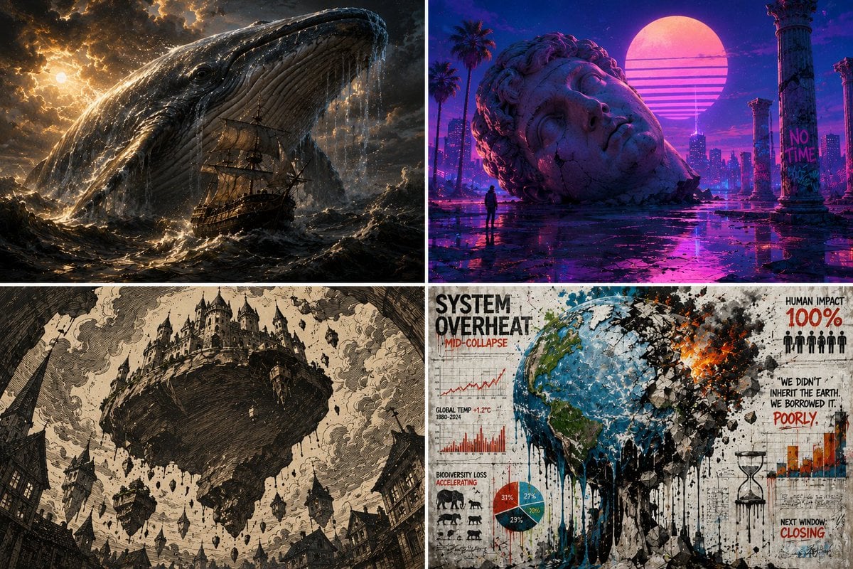 Four-panel collage showing surreal fantasy scenes, including a giant whale, a glowing statue head, and a collapsing earth poster