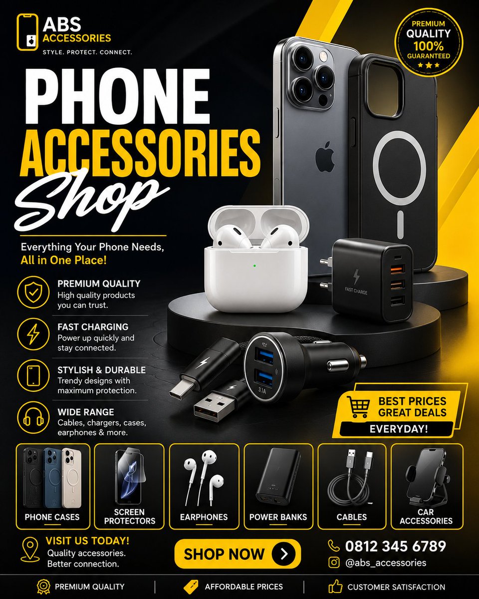 A black and yellow phone accessories shop poster with product displays and a shop now button.