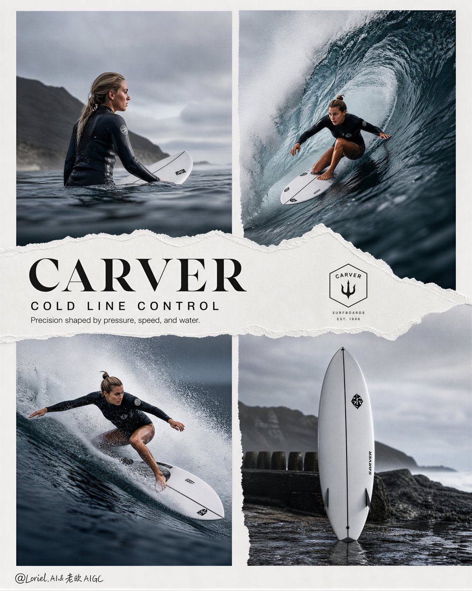 Four-panel surf collage with a surfer, breaking waves, and a vertical surfboard product shot.