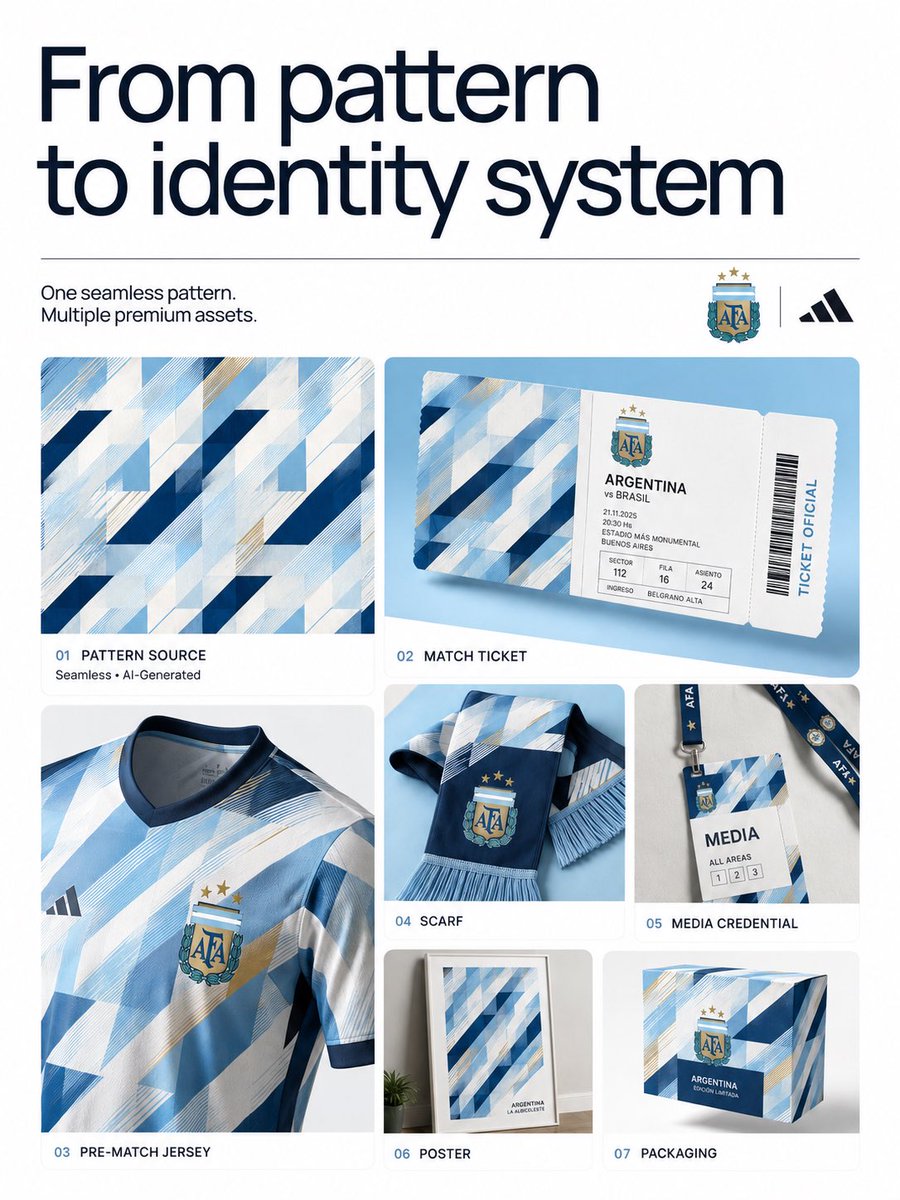 Editorial board showing a blue-and-white football pattern applied to jersey, ticket, scarf, credential, poster, and box.