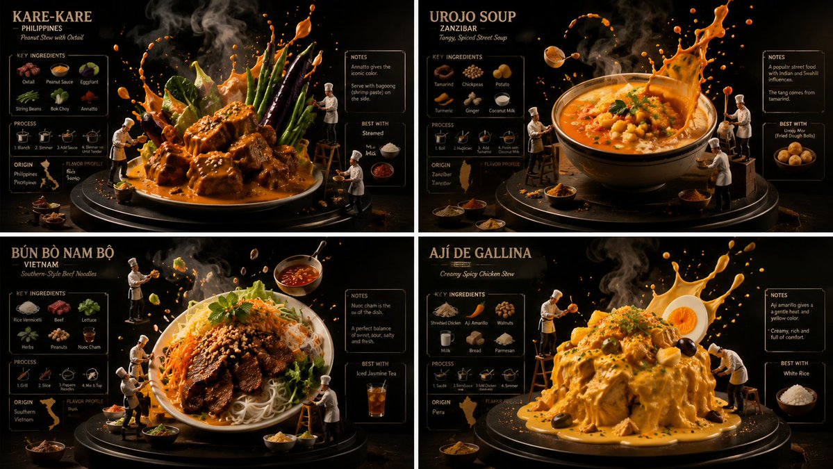 Four-panel dark food poster showing plated dishes with ingredient boxes and miniature chefs.