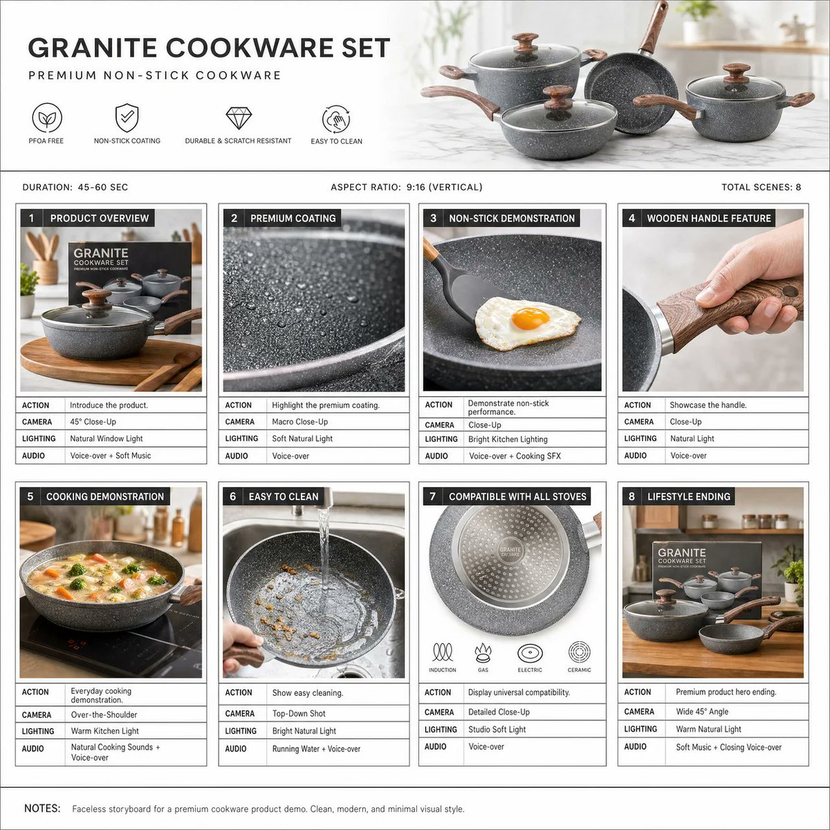 A white storyboard poster for a granite cookware set with eight product demo panels and labels.