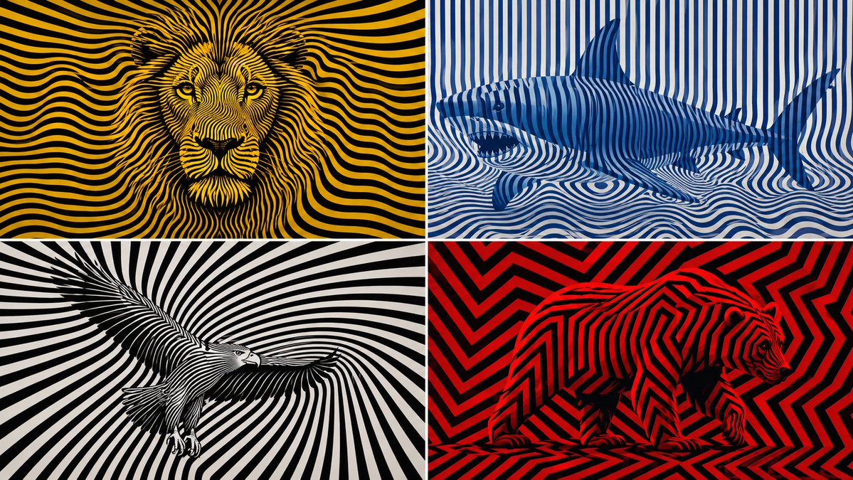 Four-panel op art collage showing a lion, shark, eagle, and bear hidden in striped patterns.