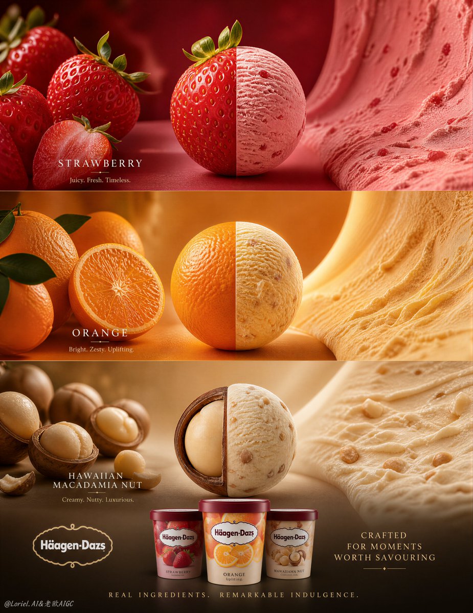 Three-tier Häagen-Dazs poster showing strawberry, orange, and macadamia nut ice cream visuals with branded tubs.