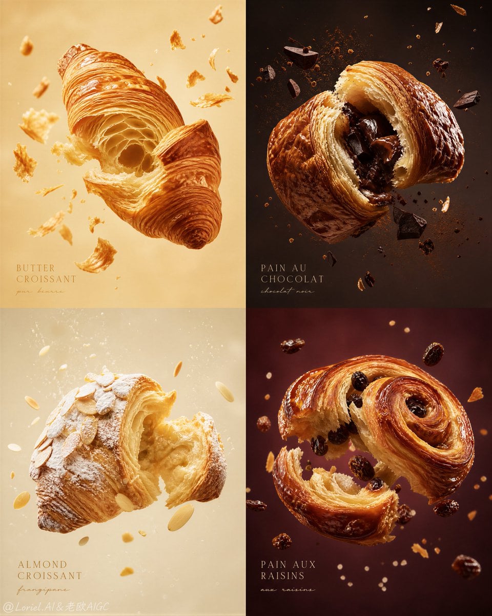 Four-panel pastry board showing floating croissants against warm gold, dark brown, cream, and burgundy backgrounds.
