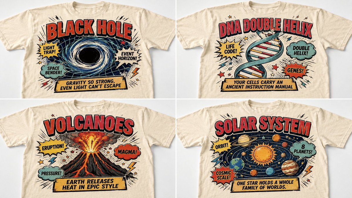 Four cream T-shirts showing bold retro comic graphics for science topics like black holes, DNA, volcanoes, and the solar system.