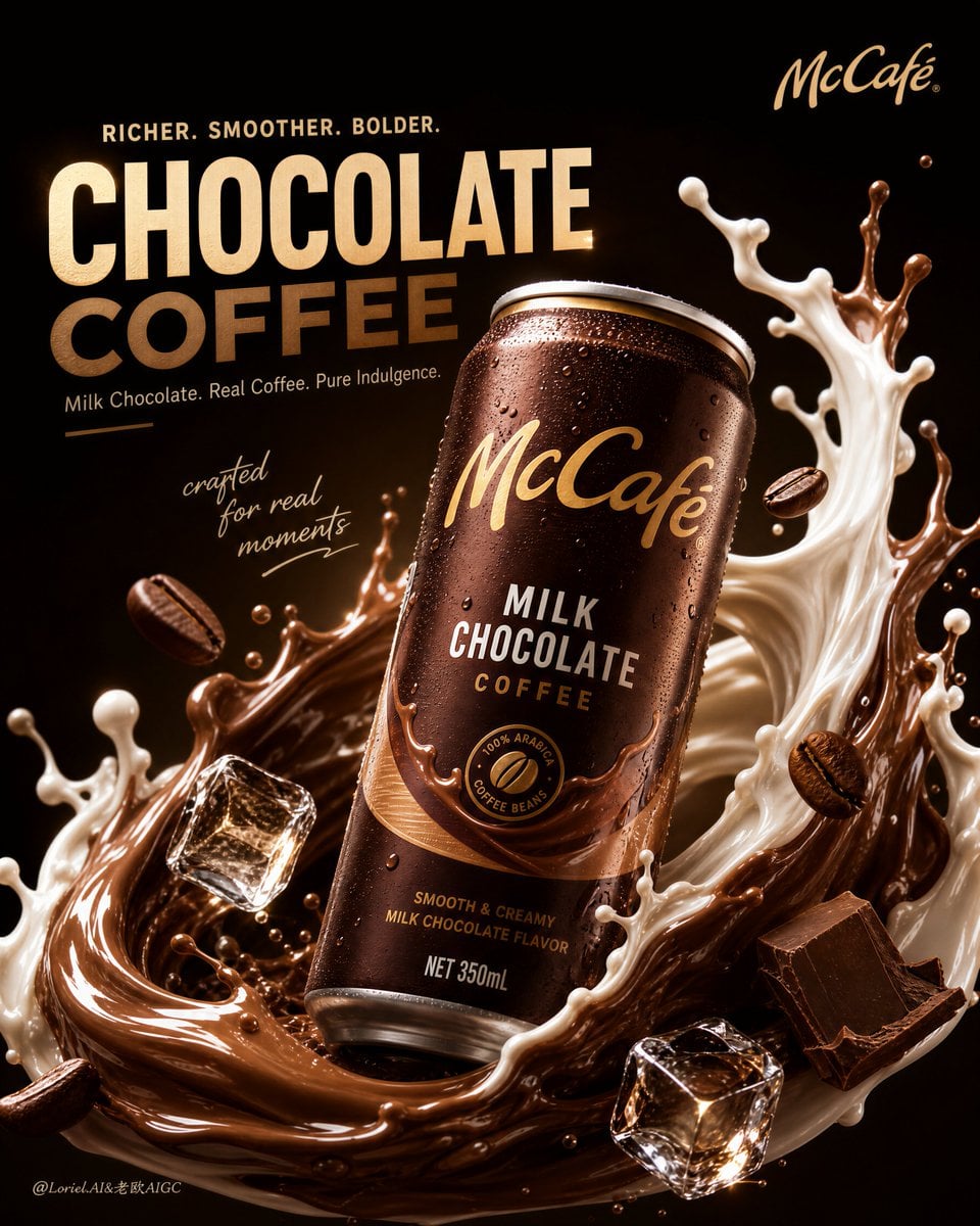 A tilted chocolate coffee can surrounded by milk and coffee splashes, beans, ice cubes, and bold headline text.