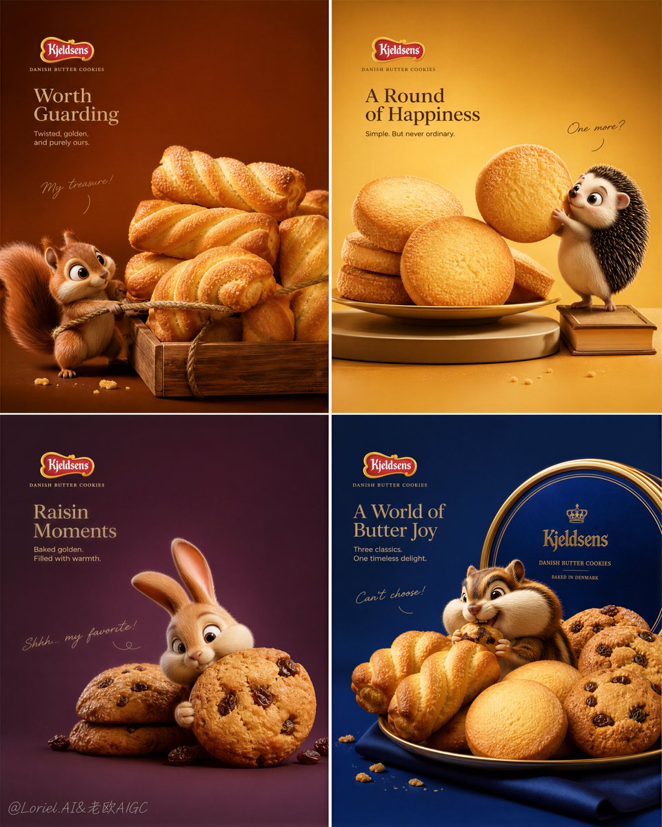 Four-panel poster showing luxury butter cookies with cute animal characters on warm colored backgrounds.