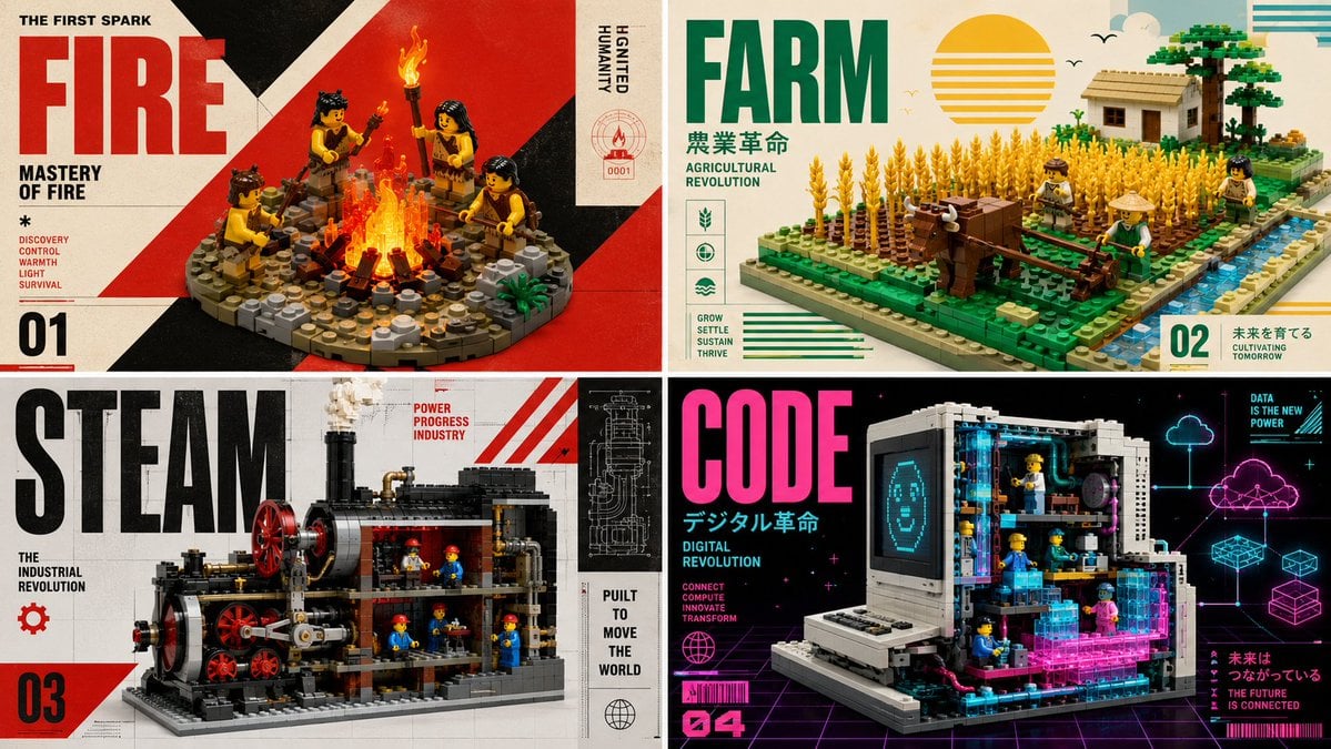 Four-panel LEGO poster showing fire, farming, steam industry, and a glowing computer scene.