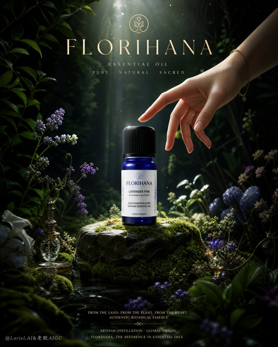 A blue essential oil bottle on a moss-covered stone with a hand reaching toward it in a dark forest.