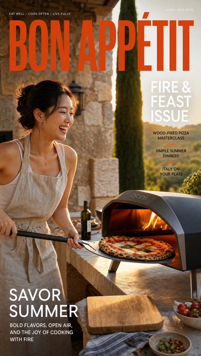 A woman in an apron smiles while sliding a pizza into a countertop outdoor oven on a sunny terrace.