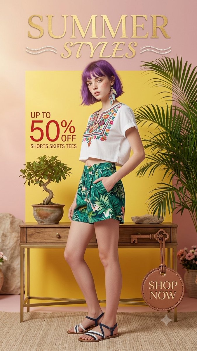 A woman with a purple bob stands in a pastel studio poster beside plants and sale text.