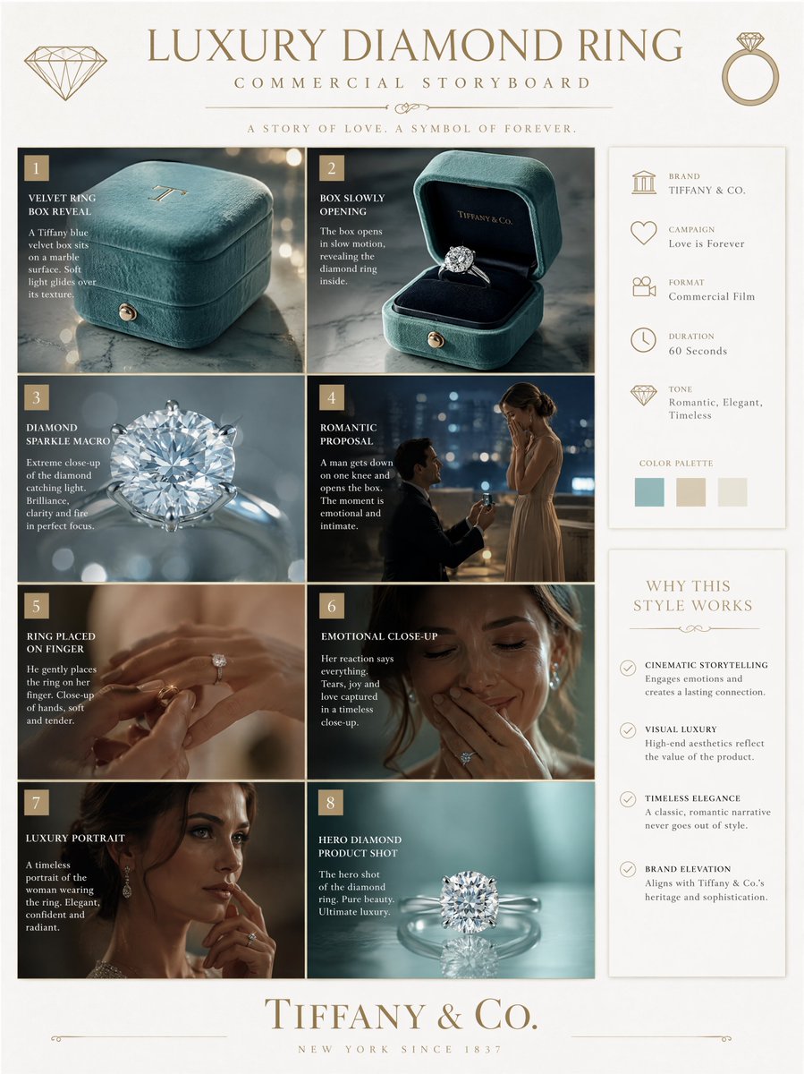 A luxury diamond ring storyboard poster with eight jewelry campaign scenes and champagne-gold typography.