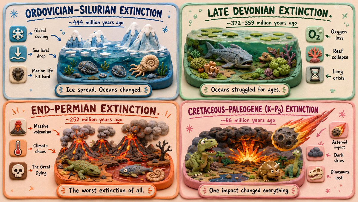 A four-panel clay poster shows different extinction events with labels, icons, and miniature landscapes.