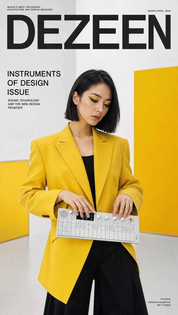 A woman in a yellow blazer holds a white synthesizer on a minimalist magazine cover.