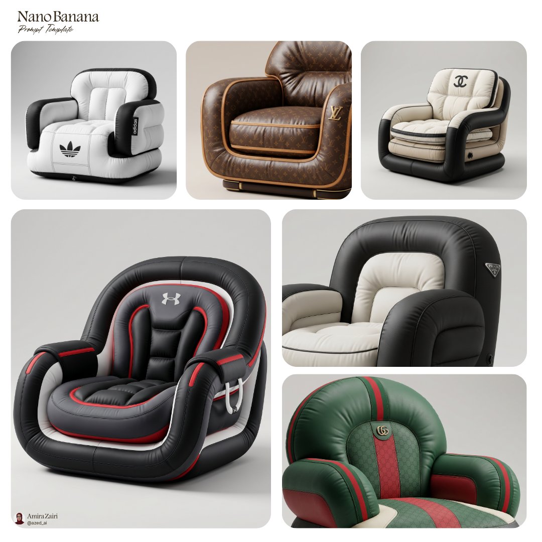 Collage of branded inflatable armchairs in white, brown, black, and green studio renders.