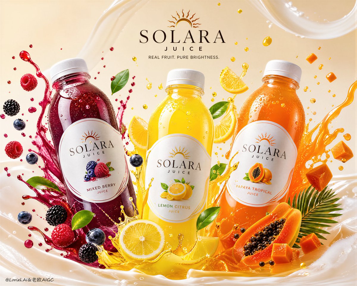 Three SOLARA JUICE bottles in berry, lemon, and papaya flavors with fruit splashes on a light background.