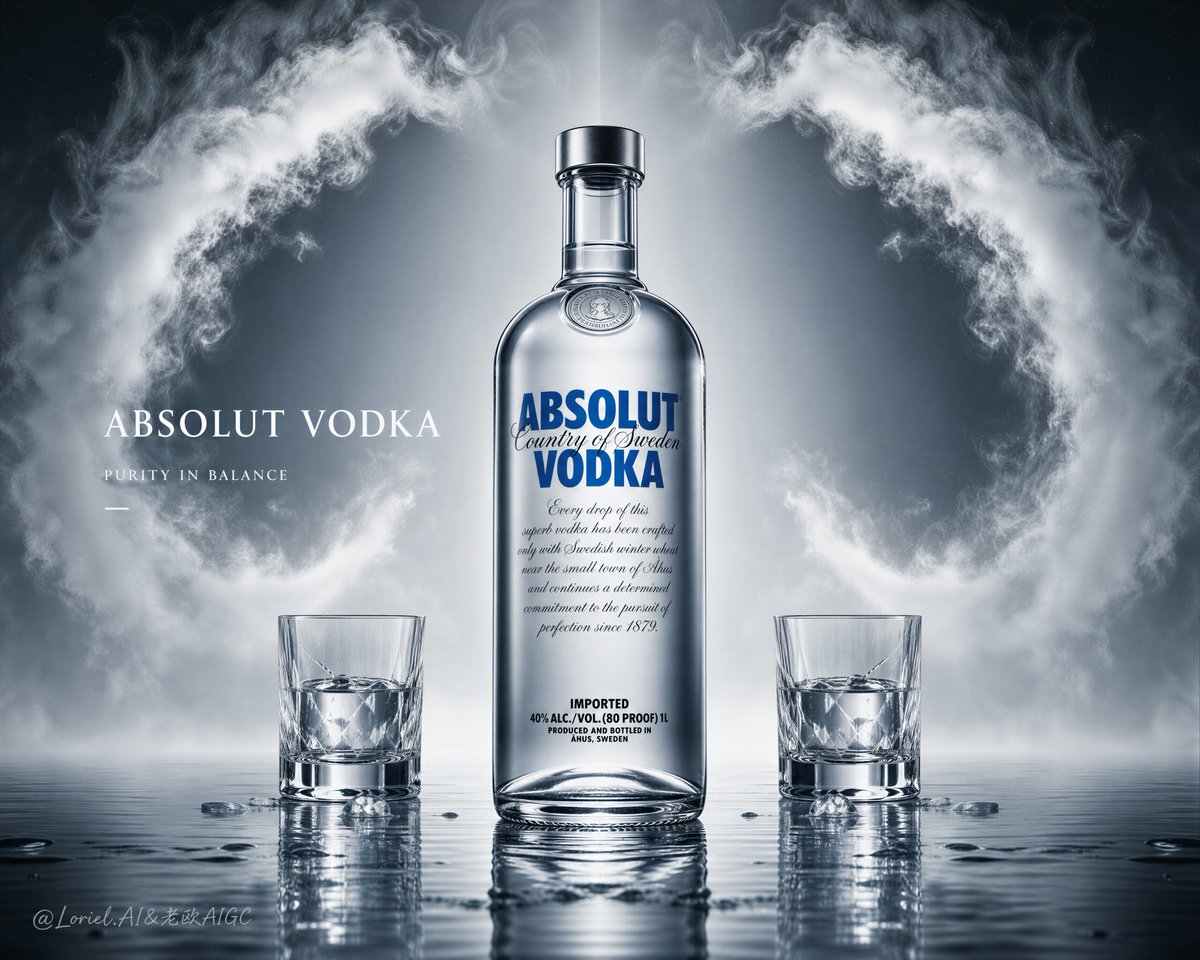 Centered Absolut vodka bottle with two glasses, mirrored mist, and reflections on a wet surface.