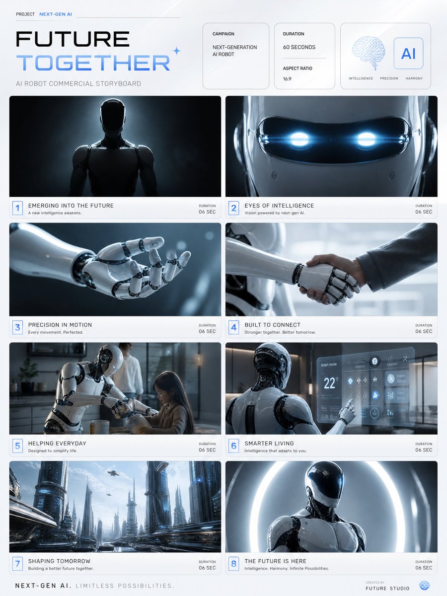Storyboard page with eight futuristic robot scenes in clean white panels and blue accents.
