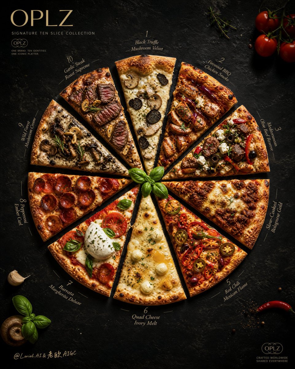 Top-down poster of ten assorted pizza slices arranged in a circle on a dark stone background.