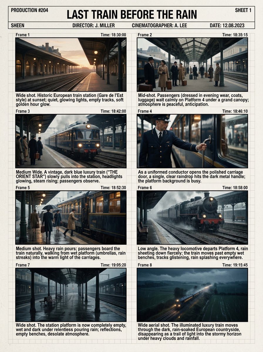 Storyboard sheet with eight cinematic frames showing a train station scene before and during rain.