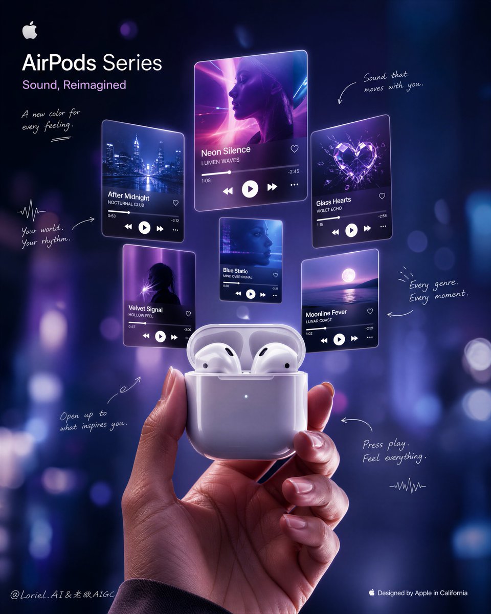 Hand holding an open white earbud case beneath glowing floating music-player cards on a purple bokeh background.