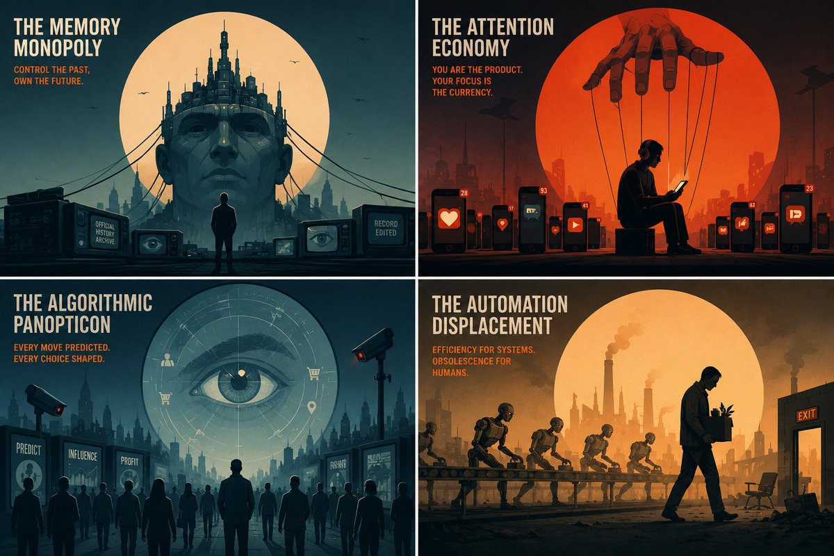 A four-panel grid of dystopian posters with large circles, silhouetted figures, and bold political slogans.