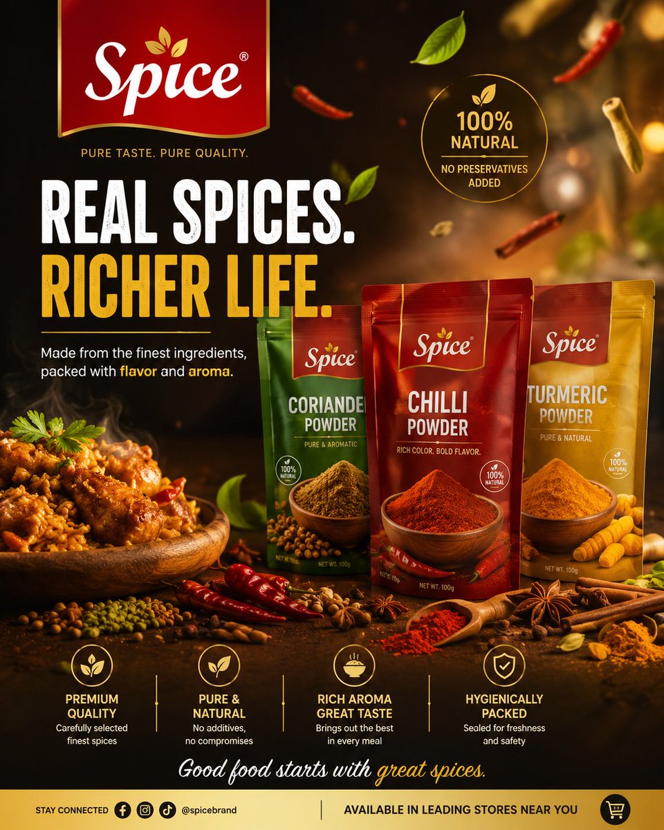 Luxury spice poster with three branded pouches, spices, and a plated dish on a dark background.