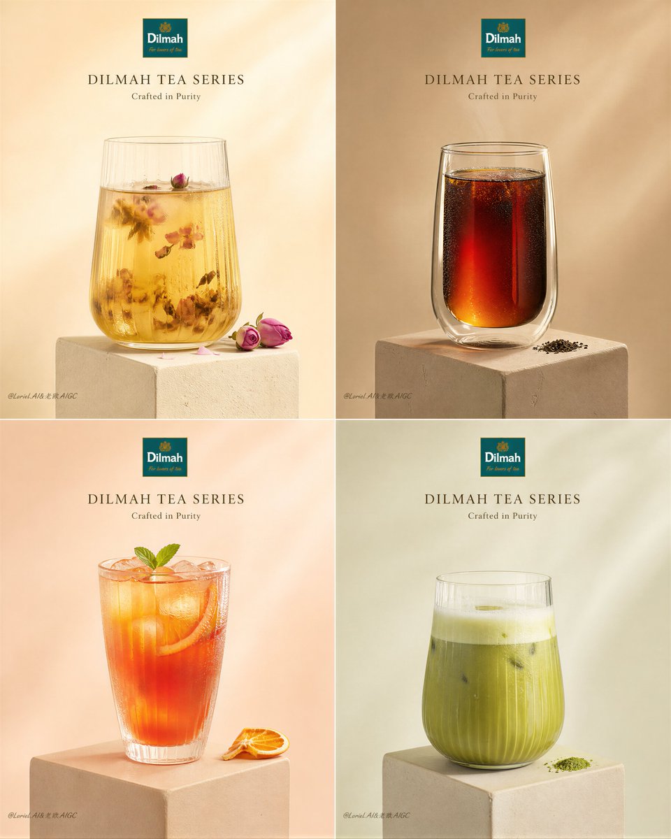 Four-panel Dilmah tea poster with floral, black, fruit, and green tea drinks on stone pedestals.