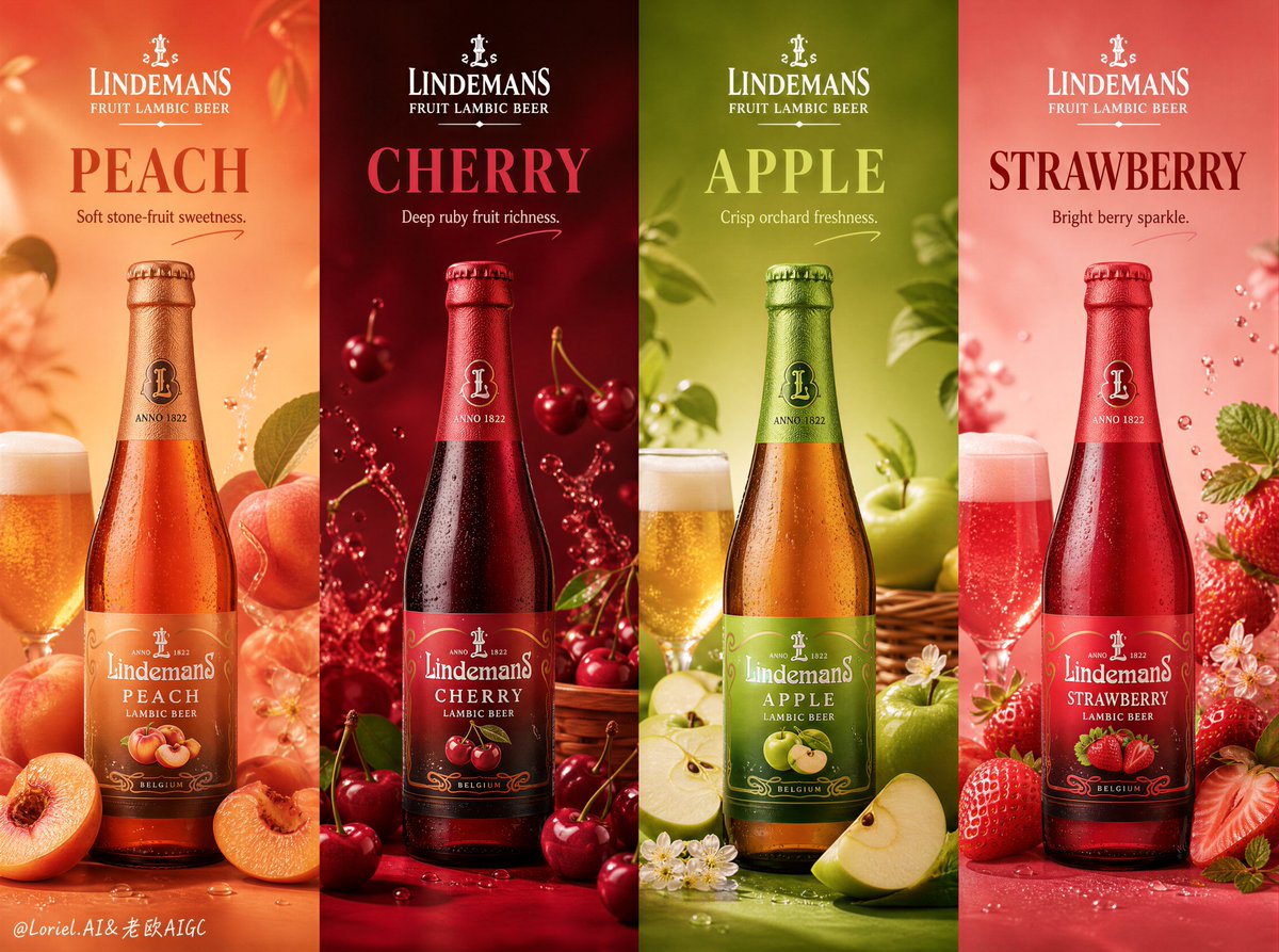 A four-panel Lindemans poster showing peach, cherry, apple, and strawberry bottles with matching fruit and colored backgrounds.