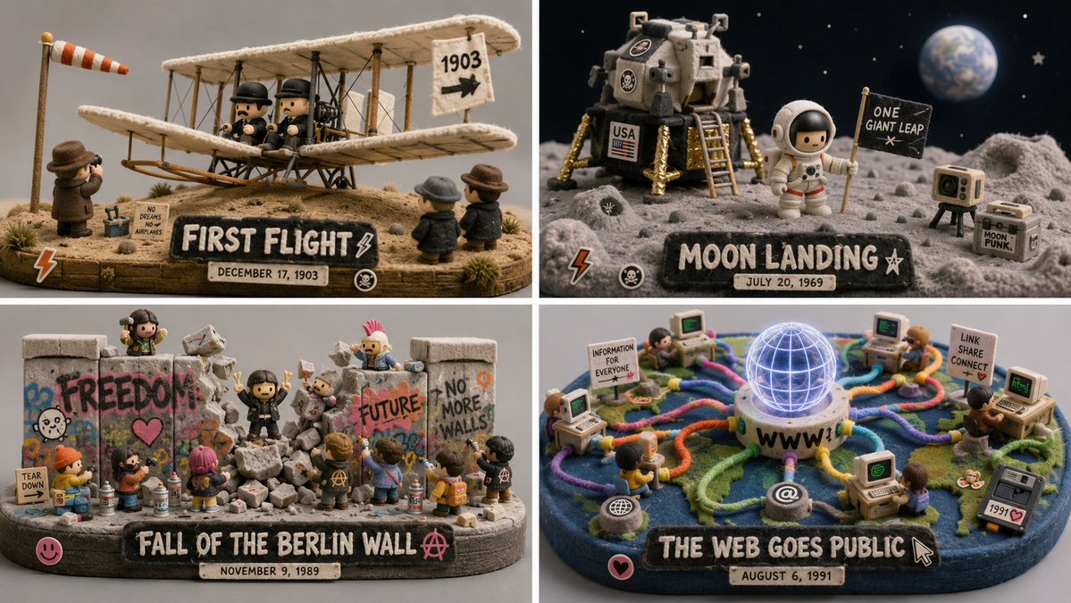 A four-panel grid shows miniature historical scenes like flight, the moon landing, the Berlin Wall, and the web.