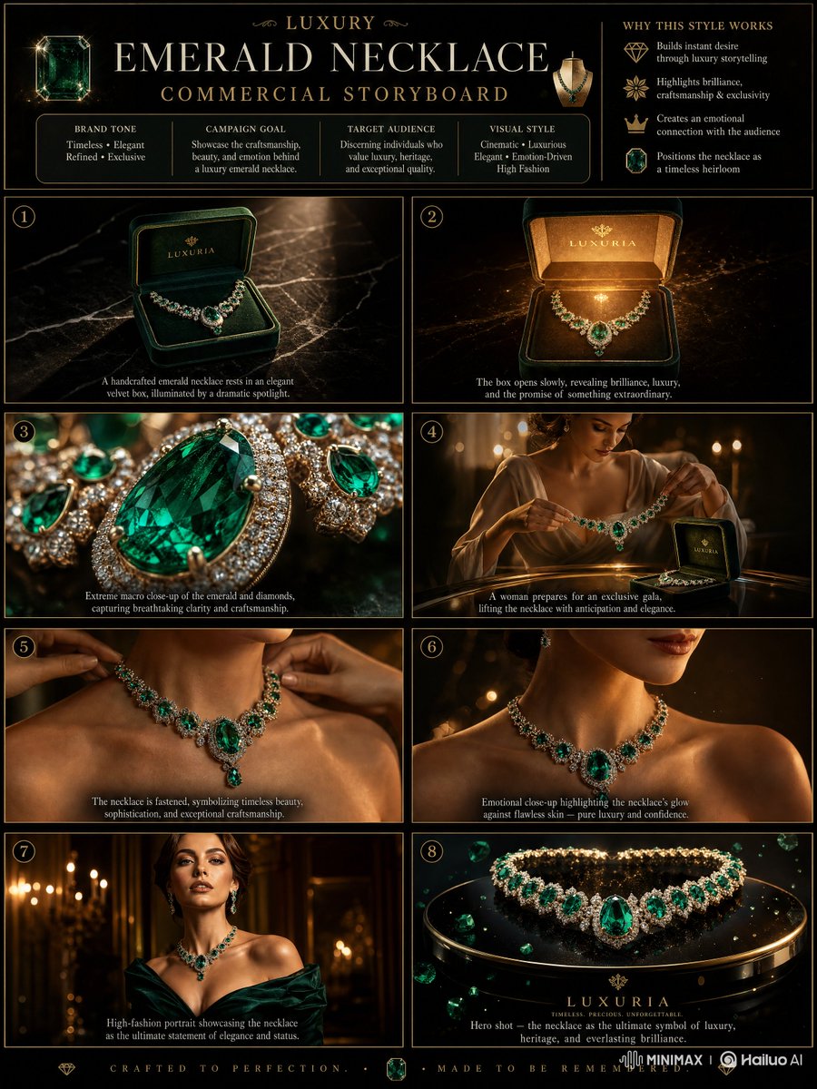 A luxury storyboard grid shows an emerald necklace in a box, close-ups, and a model wearing it.