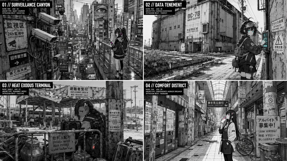 Four-panel monochrome cyberpunk poster with dense city scenes and small anime-style female figures.