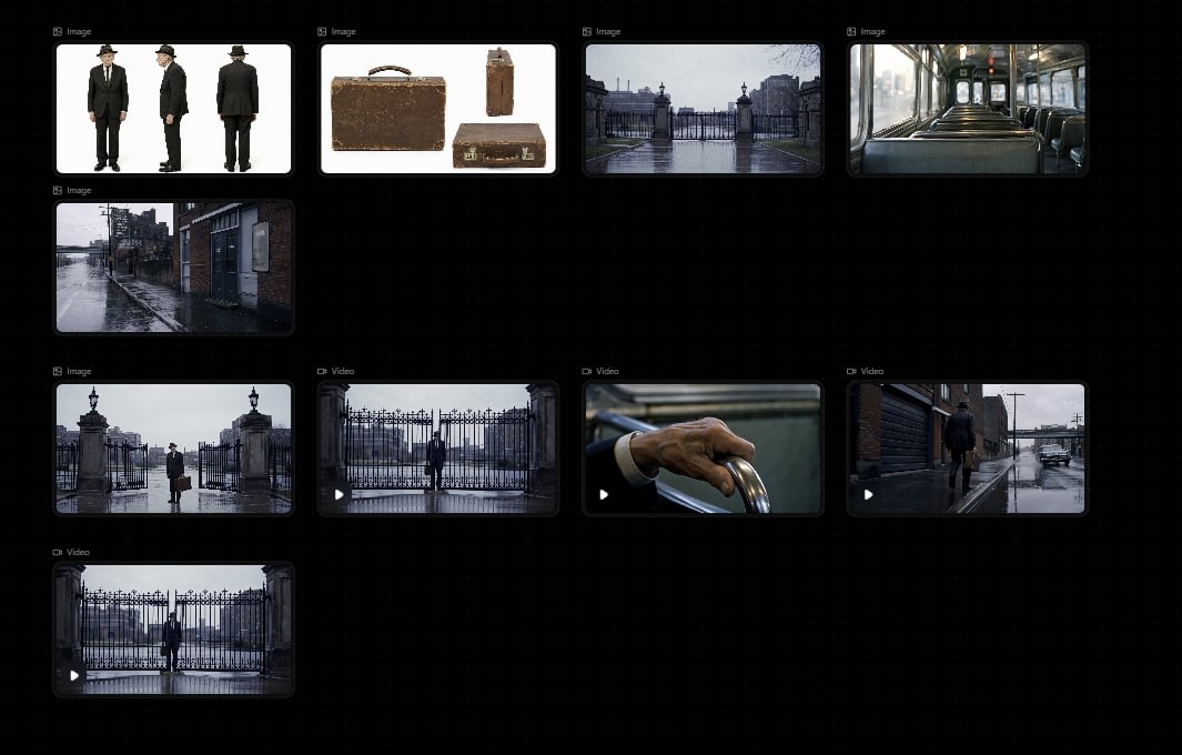 Dark interface showing storyboard thumbnails of rainy streets, a bus interior, gates, props, and a suited man.