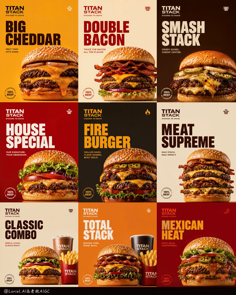 Nine-panel burger campaign poster with bold TITAN STACK branding and multiple burger variations.