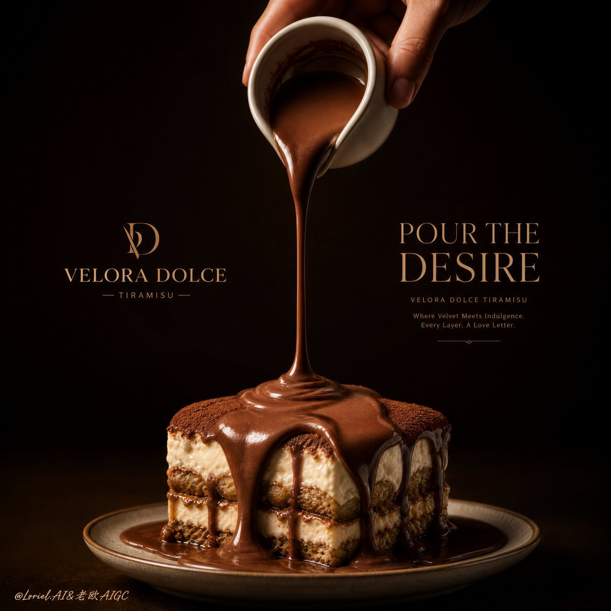 A hand pours glossy chocolate over a tiramisu on a plate against a dark background.