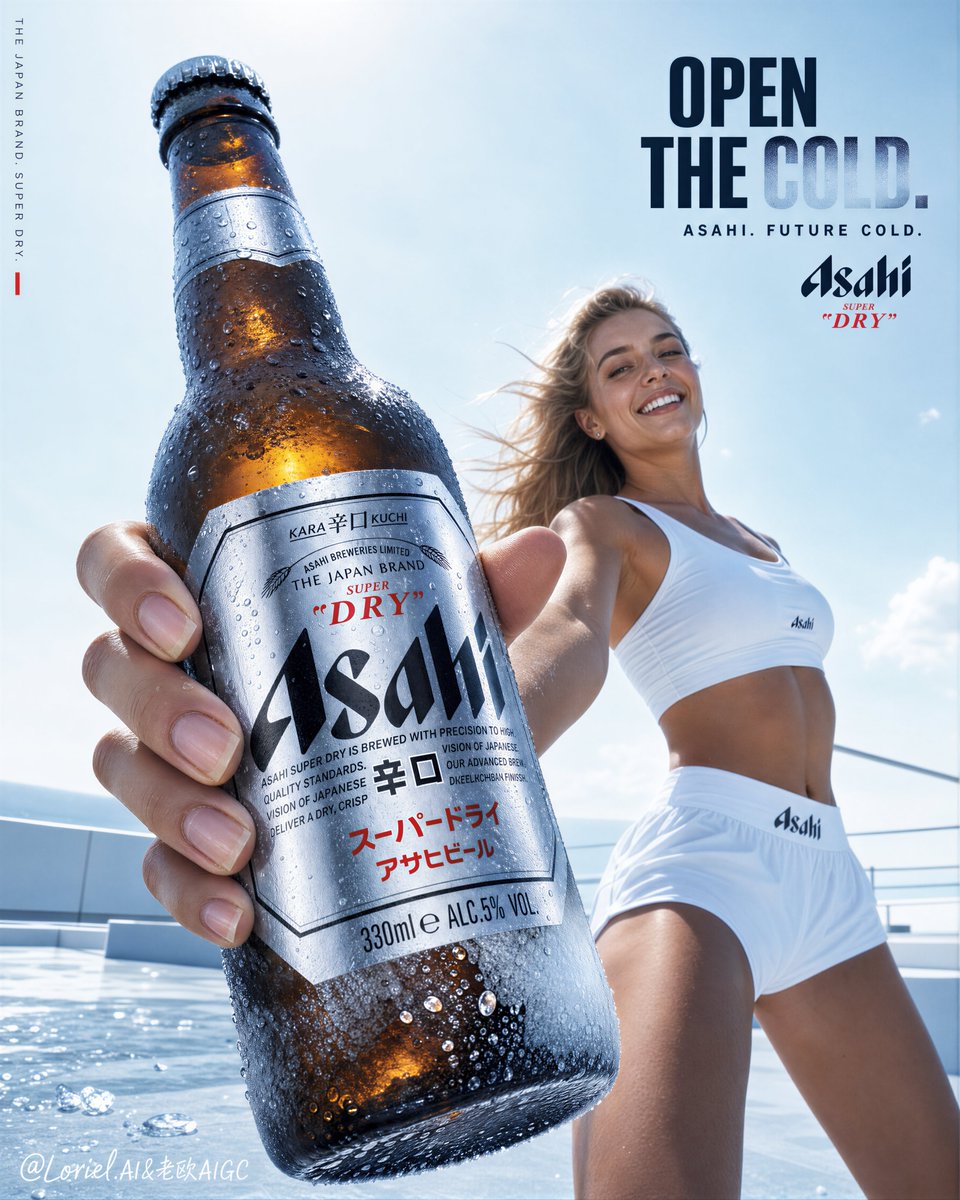 Large frosted Asahi beer bottle held in the foreground with a smiling woman behind it