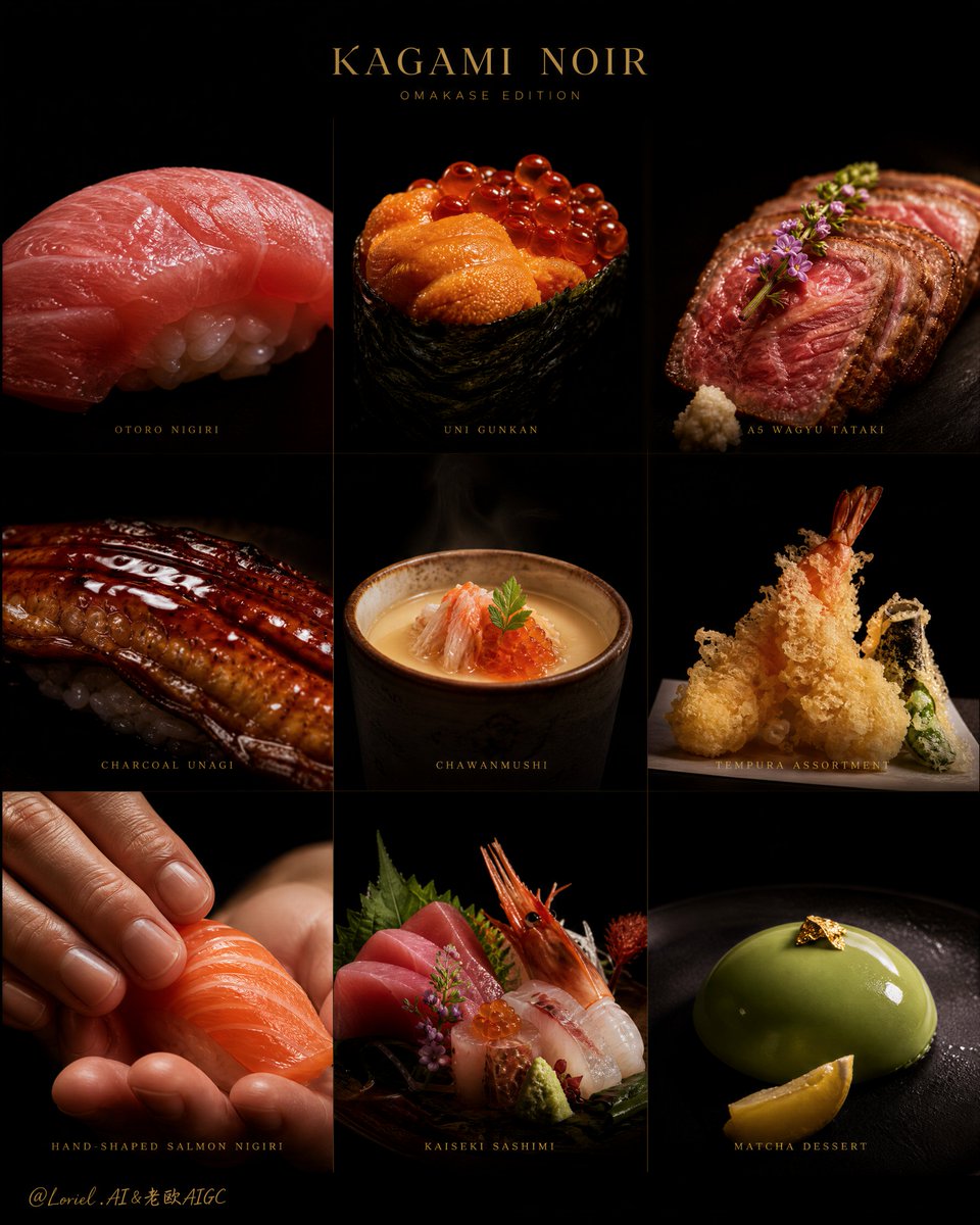 Nine-panel poster of sushi and Japanese dishes on a black background.