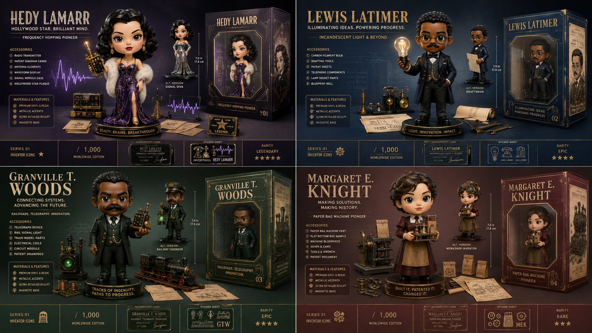 A four-panel collage of inventor-themed collectible toy figures with packaging and accessories.