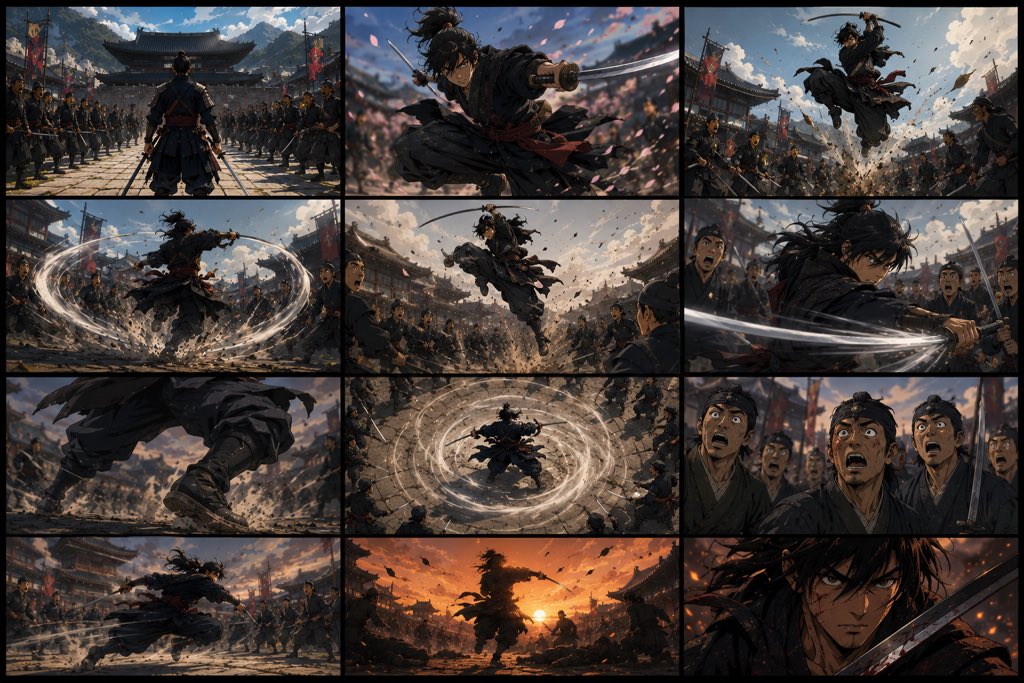 Twelve-panel action storyboard of a samurai fighting swordsmen in a historic city.