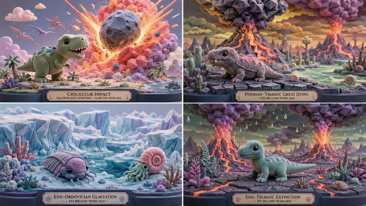 Four-panel poster of cute sculptural creatures in labeled extinction event scenes.