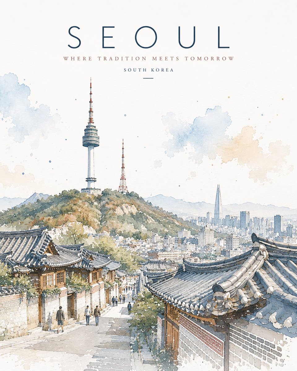Seoul Watercolor Travel Poster