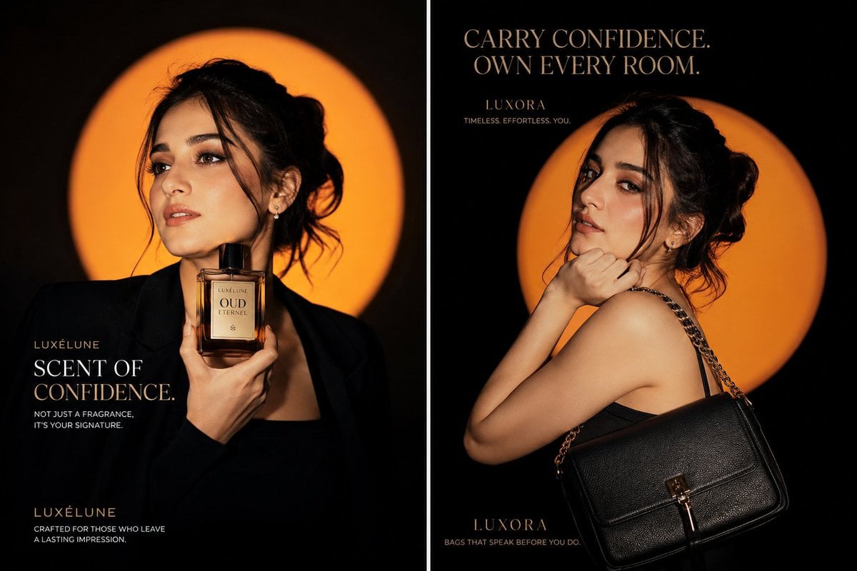Two-panel luxury fashion poster with a model holding perfume on one side and wearing a black handbag on the other.