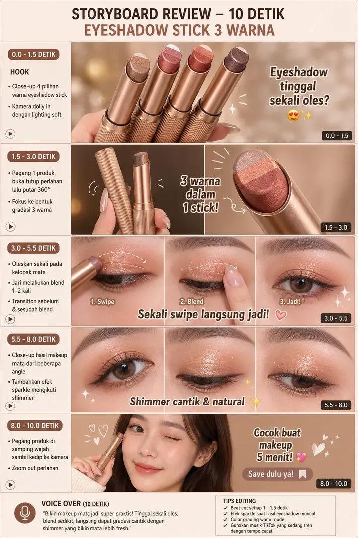 Vertical beauty storyboard poster showing eyeshadow stick close-ups, application steps, and final eye makeup result.