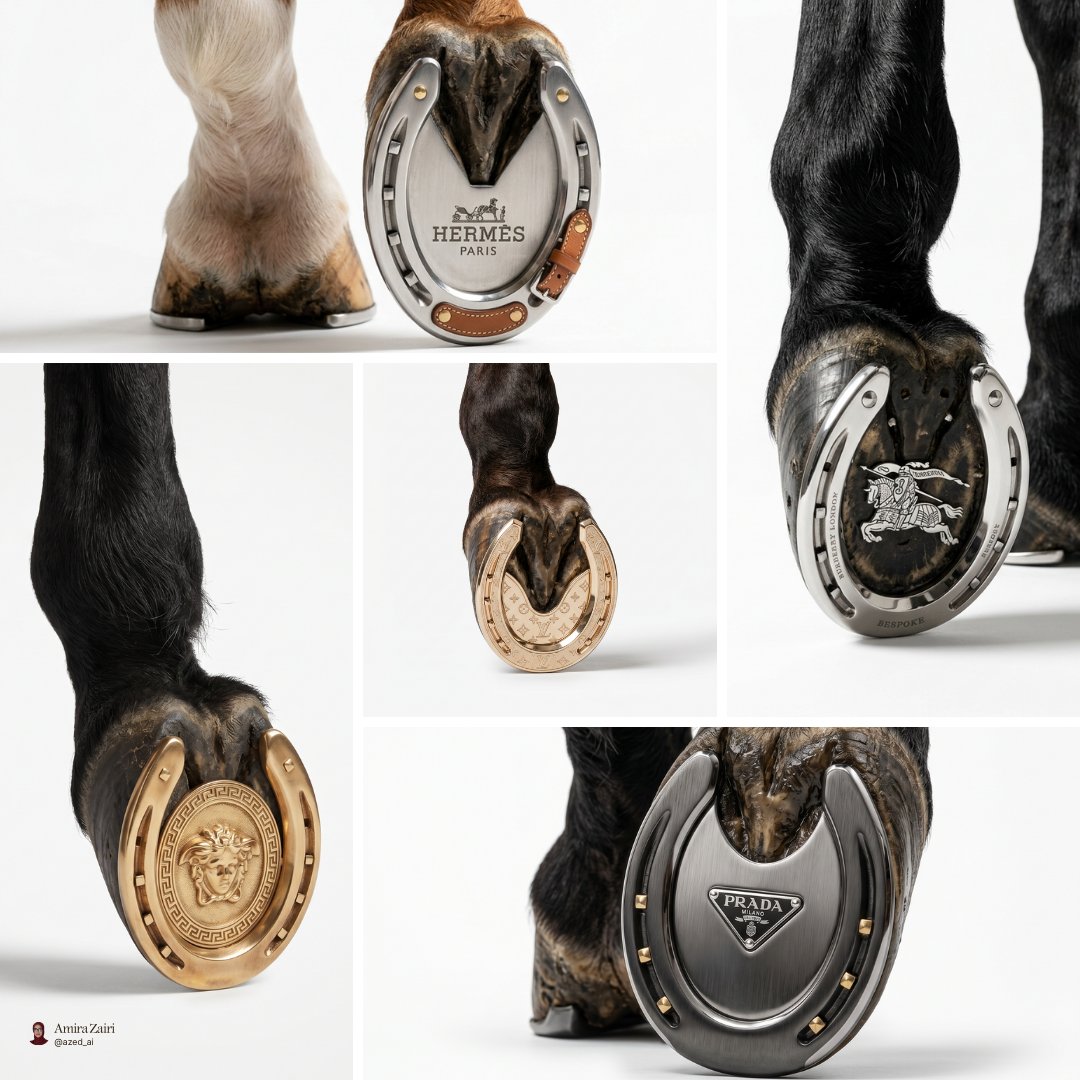 Collage of horse hooves wearing polished branded horseshoes on a white studio background.