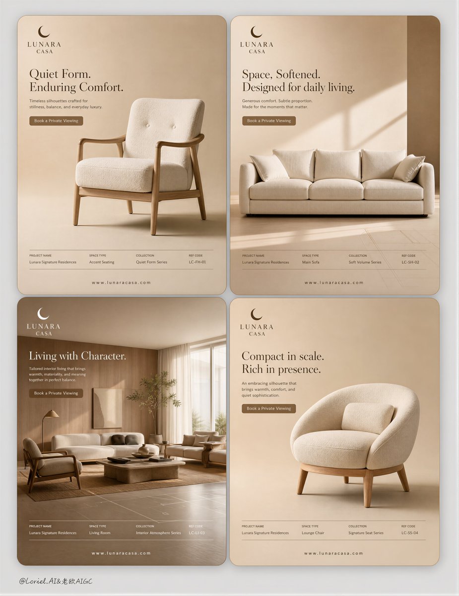Four beige luxury furniture cards arranged in a balanced 2x2 layout