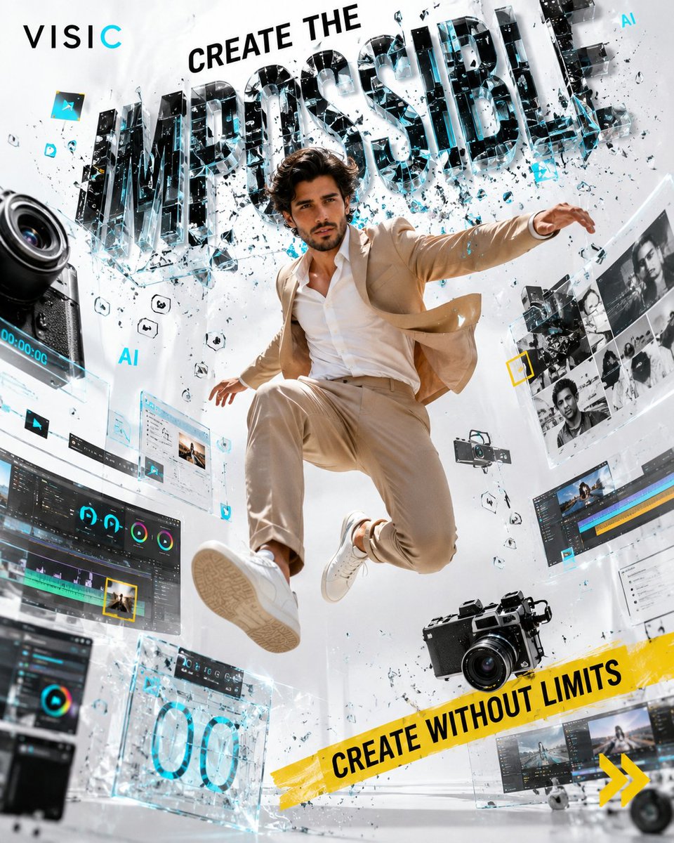 A man jumps in front of shattered glass typography and floating editing interface graphics.