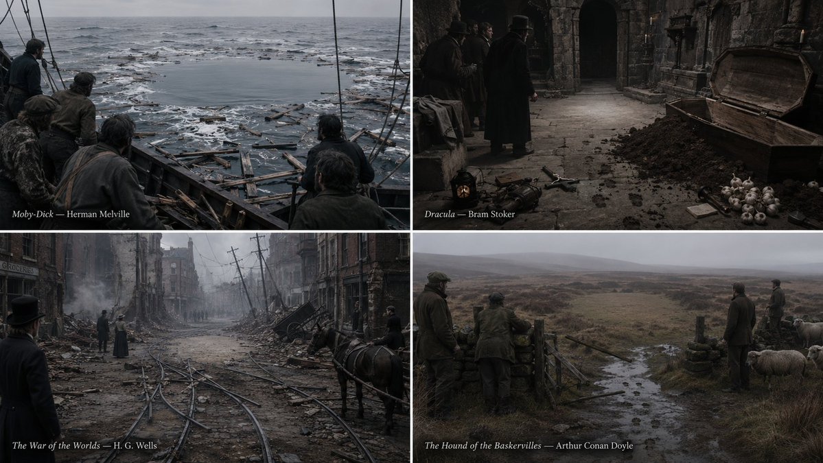 Four-panel grid of bleak literary aftermath scenes including sea wreckage, a crypt, ruined streets, and a moor.