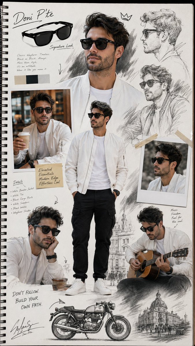 Fashion mood board page with a man in sunglasses, sketches, notes, and lifestyle photos.